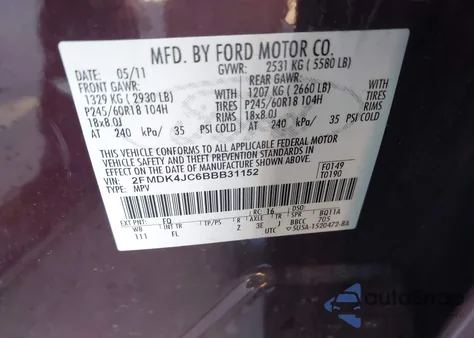 2011 Ford Edge Sel из США, поврежденный, VIN 2FMDK4JC6BBB31152